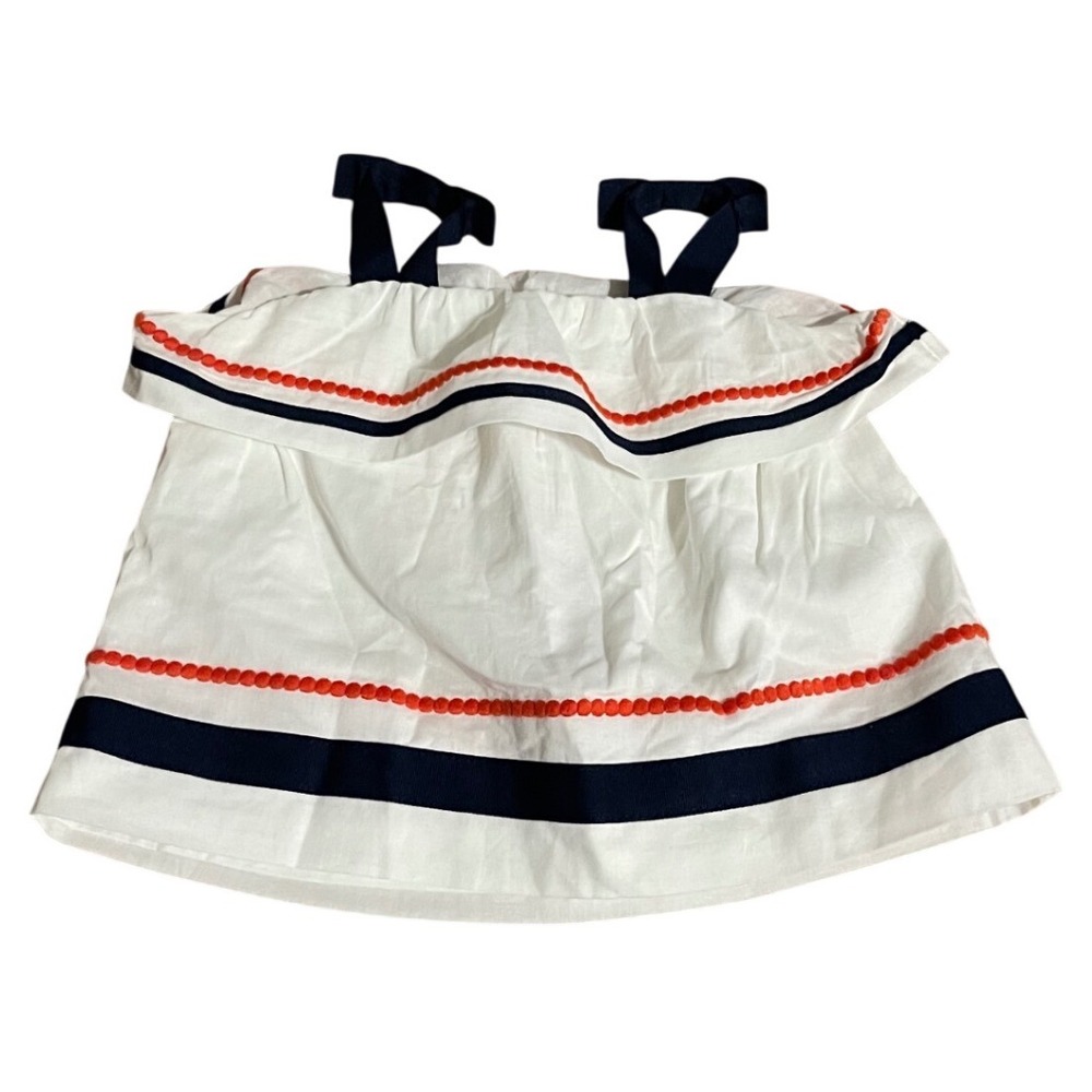 Janie and Jack Girls White Nautical Pom Pom Ruffle Bow Strap Top 12-18 Month I02
